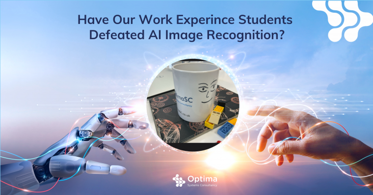 Illustraition of a human/AI connection with a picture of our office mug in the middle.