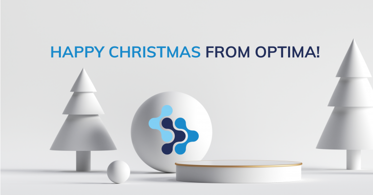 A festive image of Christmas ornaments with a message saying "Happy Christmas from Optima"